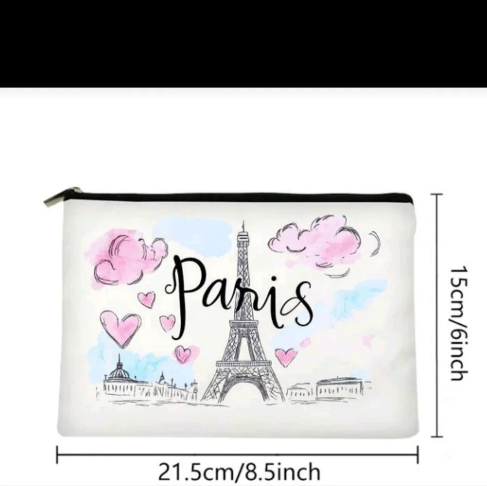 Paris Eiffel Tower Themed White Pink Zip Pouch Purse
